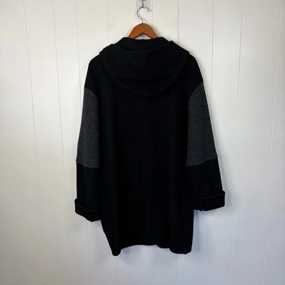 Vintage Wool Hooded Midi Jacket Coat Black Gray Cream Size Medium Winter 1990s - Picture 7 of 11